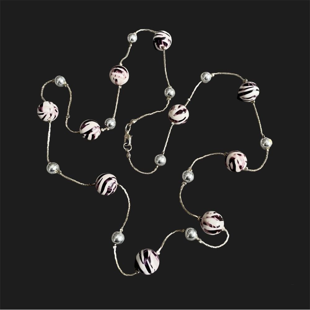 Y2K Zebra Print Beaded Necklace | Bold Statement Jewelry with Silver Accents - Picture 2 of 5